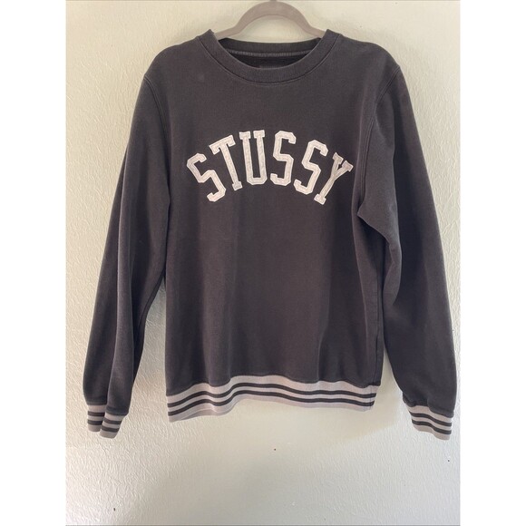 Rare Vintage Stussy Solid Black Varsity Pullover Crewneck Sweatshirt Spell out L - Picture 1 of 5